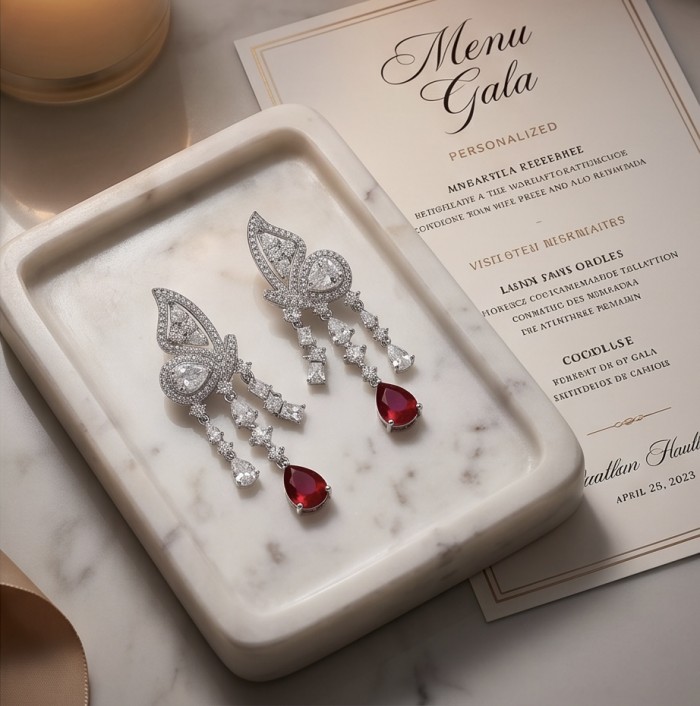 Giovanna - Magnificent Jewel 4.5 carat Ruby .925 Sterling Silver handcrafted incredible earrings - Elegant ruby earrings on marble tray, top view.