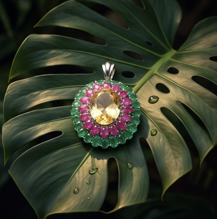 Fine Art - Exotica 44.5 carat Brazilian Citrine .925 Sterling Silver dipped in Rhodium handmade Pendant - Close-up of exotic pendant with Brazilian citrine on a leaf.