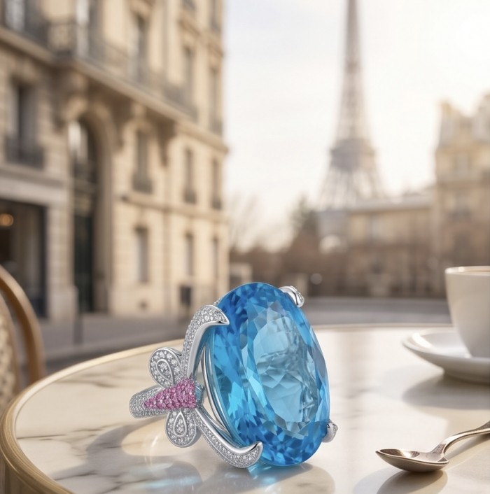 Pacifica - Authentic 30.8 carat Swiss Blue Topaz Rhodium over .925 Sterling Silver handcrafted Large Statement ring size 6 - Side view of 30.8 ct Swiss Blue Topaz ring on Parisian cafe table.