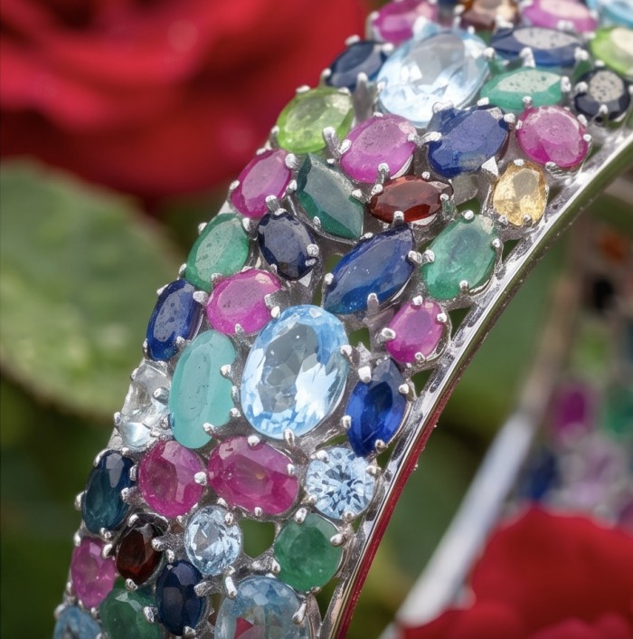 Tiffany - Authentic 62.2 carat Swiss Blue Topaz .925 Sterling Silver handcrafted Statement bangle Bracelet - Stone close-up of multicolored gemstone bracelet on flower background