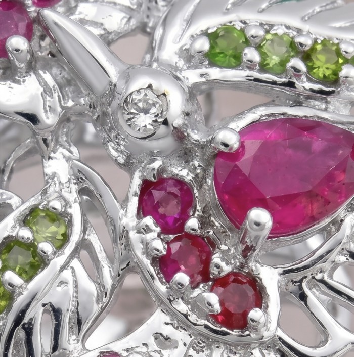 Blooming Garden 9.8 carat Mozambique Ruby Emerald rhodium over .925 Sterling Silver handmade Statement Ring size 9 - Close-up of Blooming Garden jewelry with rubies and emeralds.