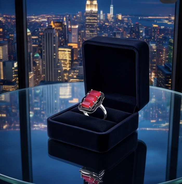 Art Deco 4.2 carat Ruby black enamel .925 Sterling Silver handcrafted Ring s. 7 - Art Deco Ruby ring in box, city skyline backdrop, top view.