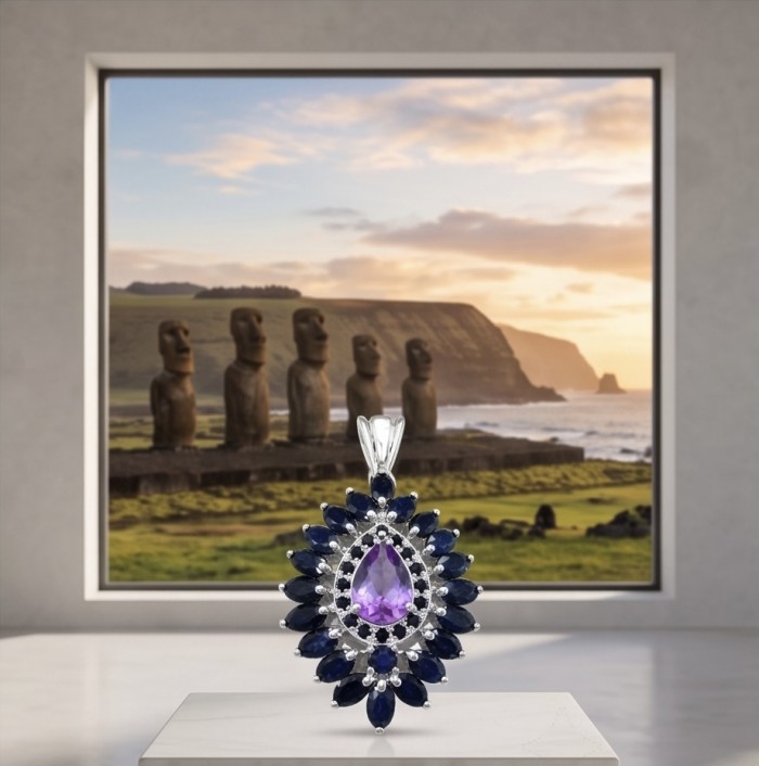 Mademoiselle - 18.5 carat natural Amethyst .925 Sterling Silver dipped in rhodium handcrafted Pendant - Pendant front view with amethyst and sapphire stones, moai statues backdrop.