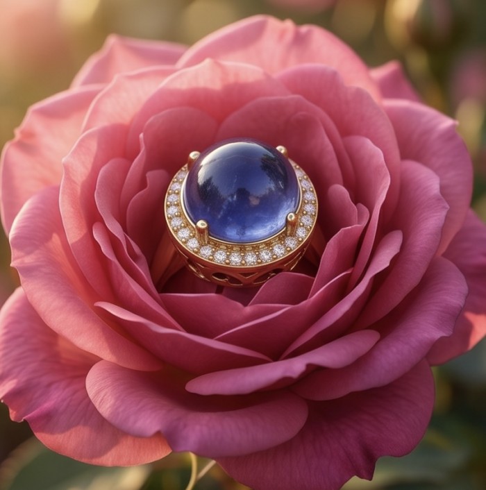 Precious Design round cut 12.9 CARAT Tanzanite 22K Gold over .925 Sterling Silver Statement Ring s. 6 1/4 - Close-up of Tanzanite gold ring nestled in a pink rose.