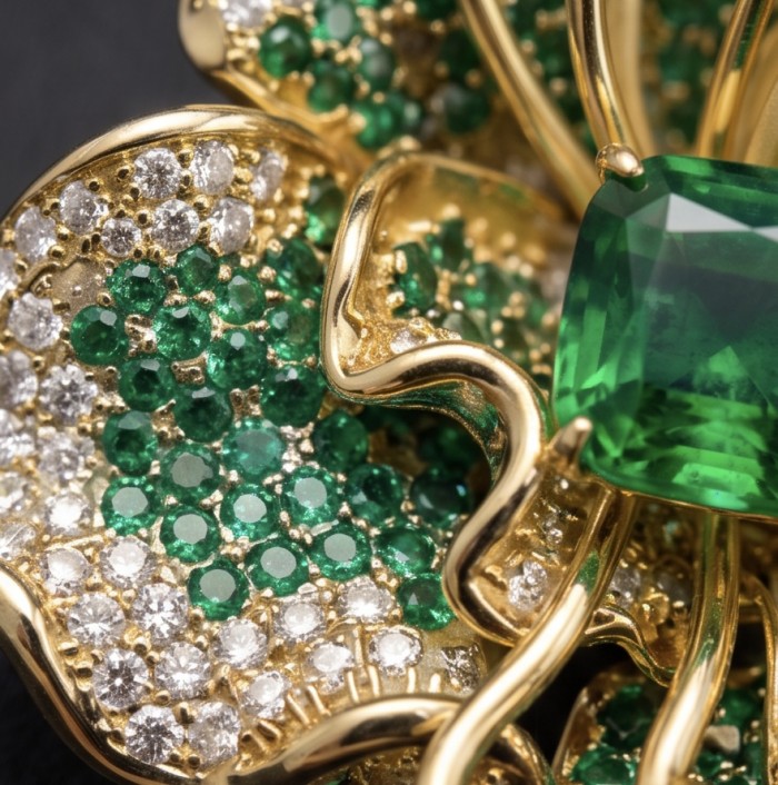 Nature-inspired piece - Amazonia - Green Rose - Genuine 42.5 carat Emerald 14K Gold over .925 Sterling Silver handmade Pendant - Brooch - Close-up of emerald and diamond accents on gold jewelry.
