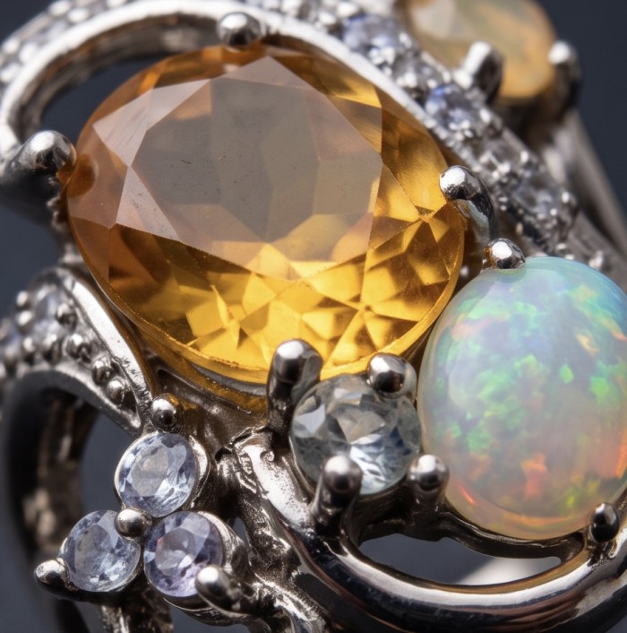 Giovanna 8.9 carat Brazilian Citrine 4.2 carat Australian Fire Opal .925 Sterling Silver dipped in rhodium handcrafted ring; s. 8 - Close-up of Giovanna ring with citrine and opal stones.