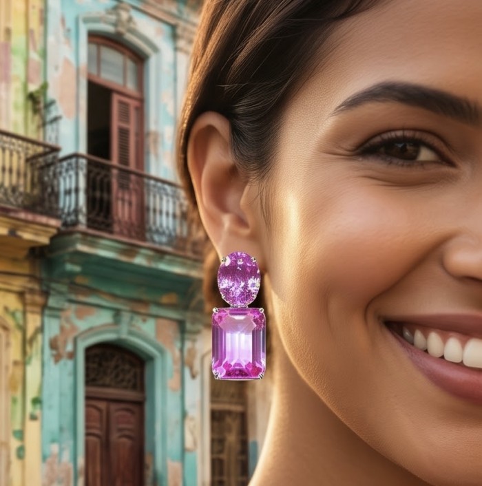 Large - Tiffany - authentic baquette oval cut 29.7 carat Pink Sapphire .925 Sterling Silver handcrafted Earrings - Close-up of 29.7 carat Tiffany baguette oval cut earrings worn.
