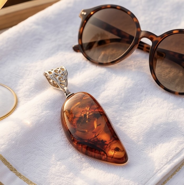 Prehistoric Authentic Golden Baltic Amber .925 Sterling Silver beautifully handcrafted Pendant - Close-up of Baltic amber pendant with sunglasses on a white towel.