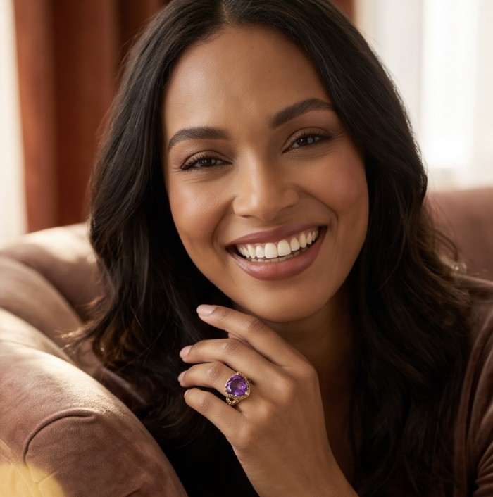 Giuseppina - Authentic 25.5 carat Amethyst Sapphire 22k Gold over .925 Sterling Silver handcrafted Statement Ring size 6 - Woman wearing Giuseppina Amethyst Sapphire 22k Gold ring, front view.