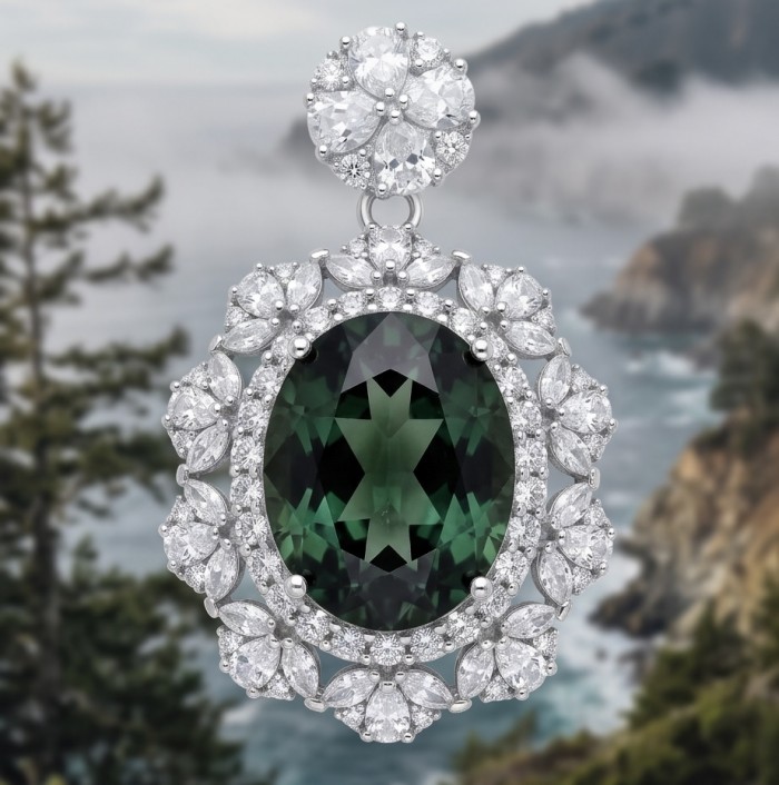 Tiffany Incredible oval cut 20.4 carat Tsavorite Garnet .925 Sterling Silver handcrafted pendant - Close-up of Tiffany oval cut Tsavorite Garnet pendant with diamonds
