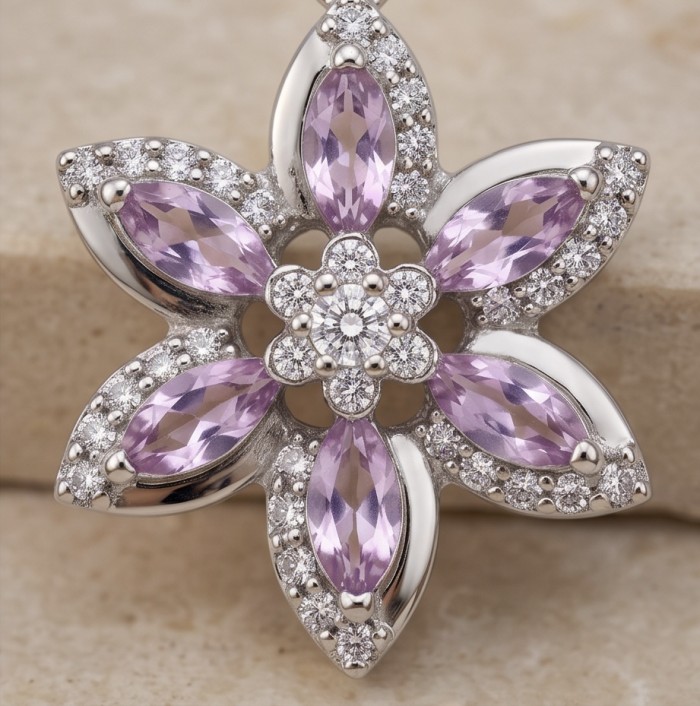 Authentic 4.5 carat Brazilian Amethyst rhodium over .925 Sterling Silver handcrafted Statement Pendant - Close-up of Brazilian amethyst and diamond floral pendant