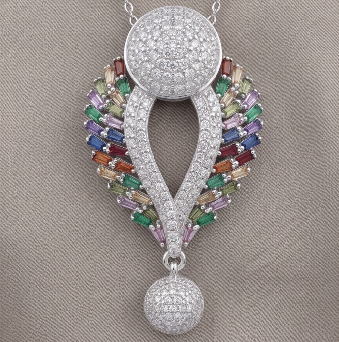 Julietta - Excellent quality 11.9 carat Multigem rhodium over .925 Sterling Silver handcrafted Pendant - Close-up of Julietta multigem pendant with diamond detailing
