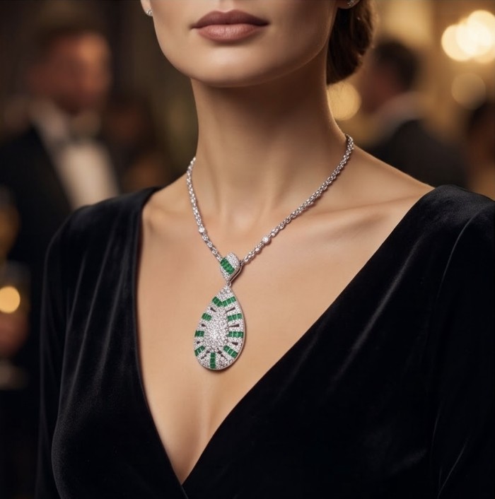 Art Deco - Royalty 10.2 carat Colombian Emerald .925 Sterling Silver .925 Sterling Silver Statement Necklace - Woman wearing Art Deco necklace with emeralds and diamonds at event