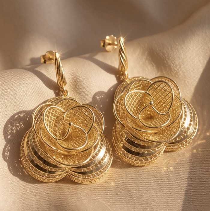 Golden Roses Dubai Style - .925 Sterling Silver dipped in 22K Gold handmade Earrings - Front view of ornate golden rose earrings on fabric background.