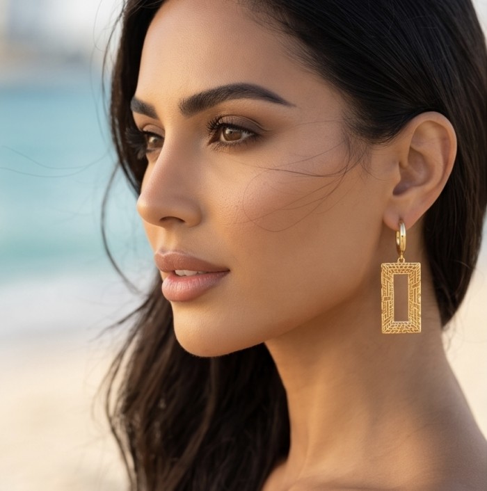 Dubai Style - .925 Sterling Silver dipped in 22K Gold handmade Earrings - Side view of Dubai Style gold-dipped earrings worn on woman