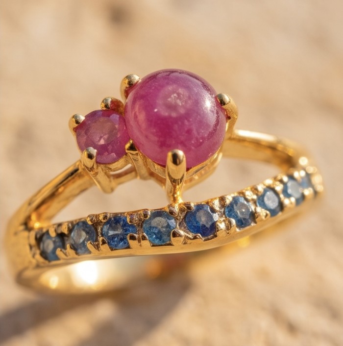 Scarlett 0.7 ctw Mozambique Ruby .925 Sterling Silver handcrafted Statement Ring size 8 - Close-up of gold ring with ruby center and blue accent stones.
