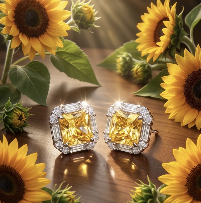 Art Deco 9.8 carat yellow Sapphire rhodium over .925 Sterling Silver handcrafted Statement Earrings - Art Deco yellow Sapphire earrings, top view, with sunflowers around.