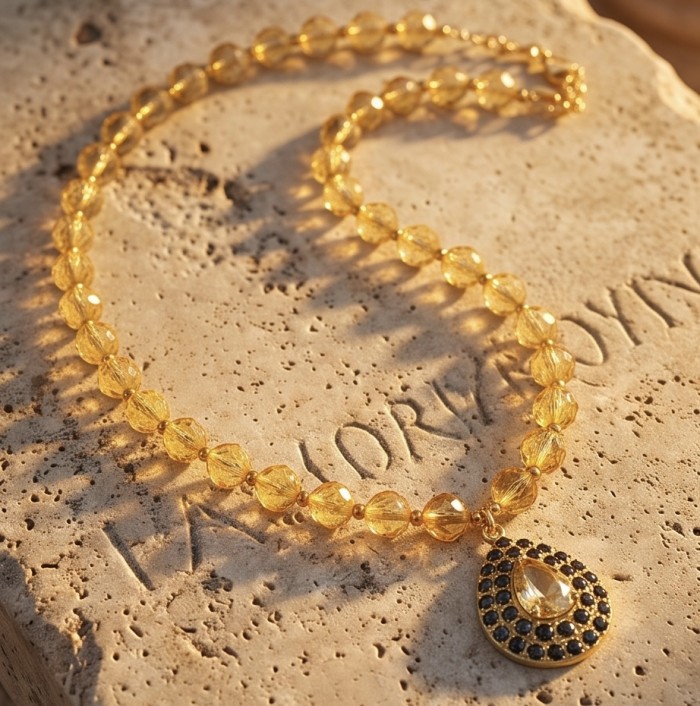 Serenity - 40.2 carat BRAZILIAN Citrine SAPPHIRE 18K Gold over .925 Sterling Silver handmade necklace - Necklace on stone background, citrine and sapphire details visible.