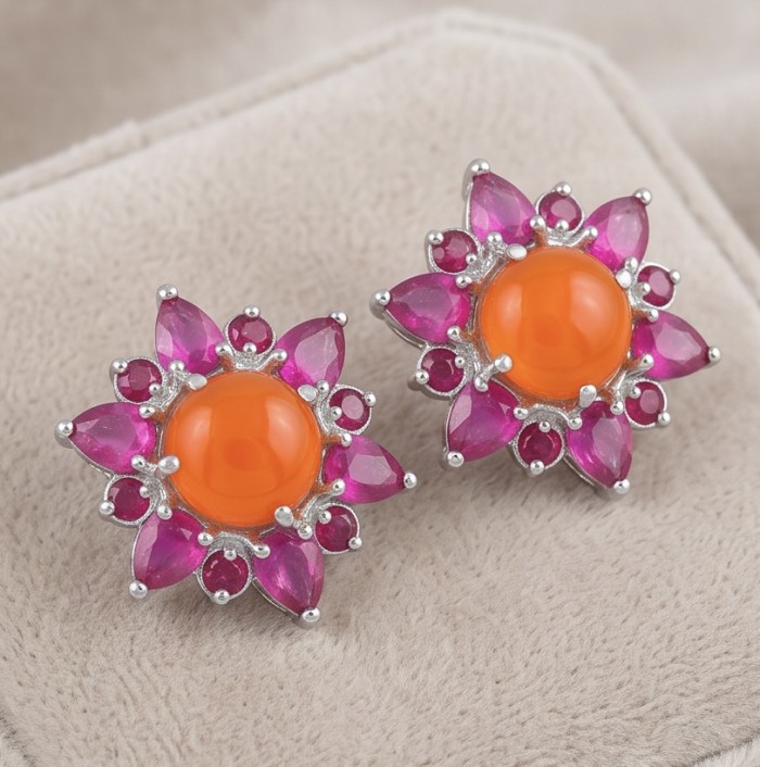 Beauty of nature Sublime Orange Carnelian RHODIUM OVER .925 Sterling Silver handmade earrings - Close-up of Beauty of Nature earrings with orange carnelian and pink gems