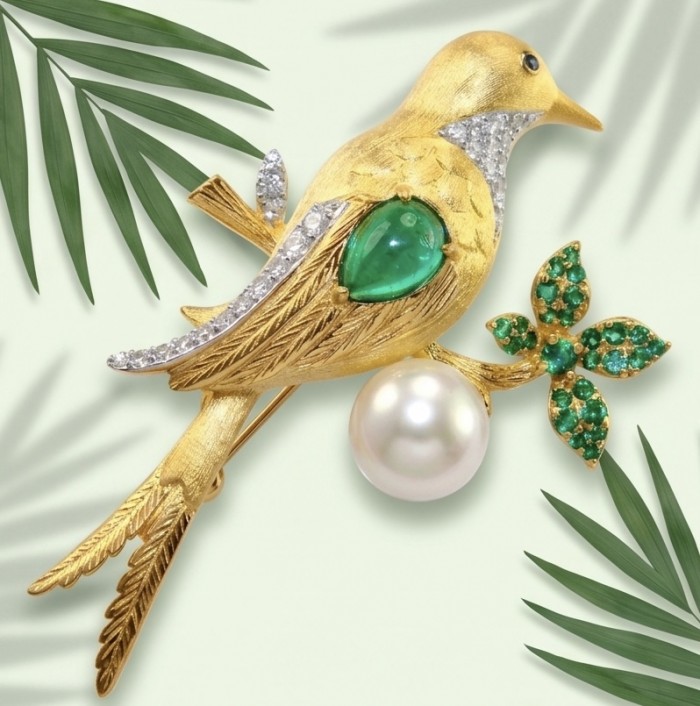 Bird on a Pearl - Genuine 7.5 carat yellow Emerald 18K Gold over .925 Sterling Silver handmade Pendant - Brooch - Side view of gold bird brooch with emerald and pearl details