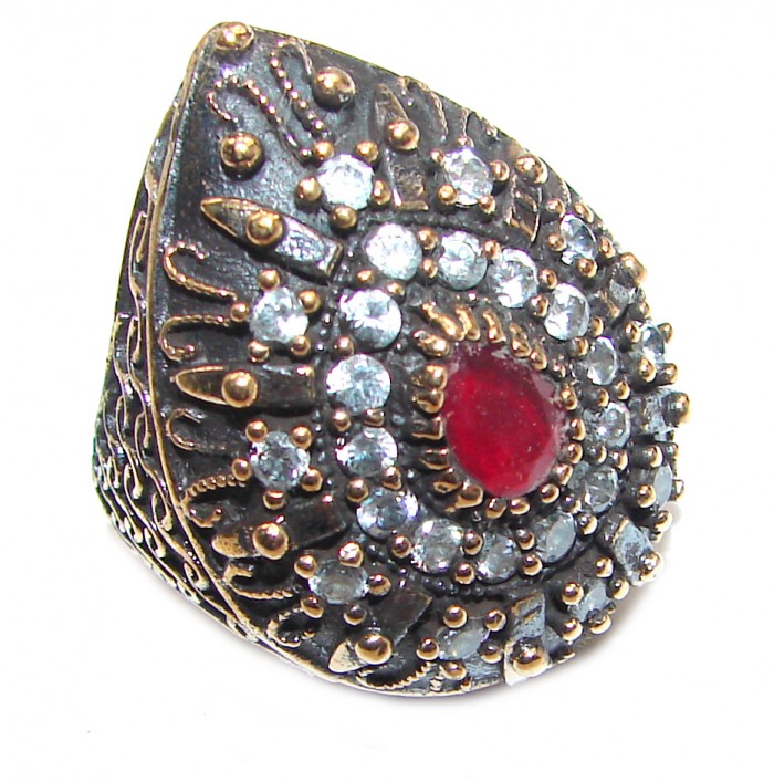 Large Victorian Style created Ruby & White Topaz Sterling Silver ring; s. 6 - photo 1