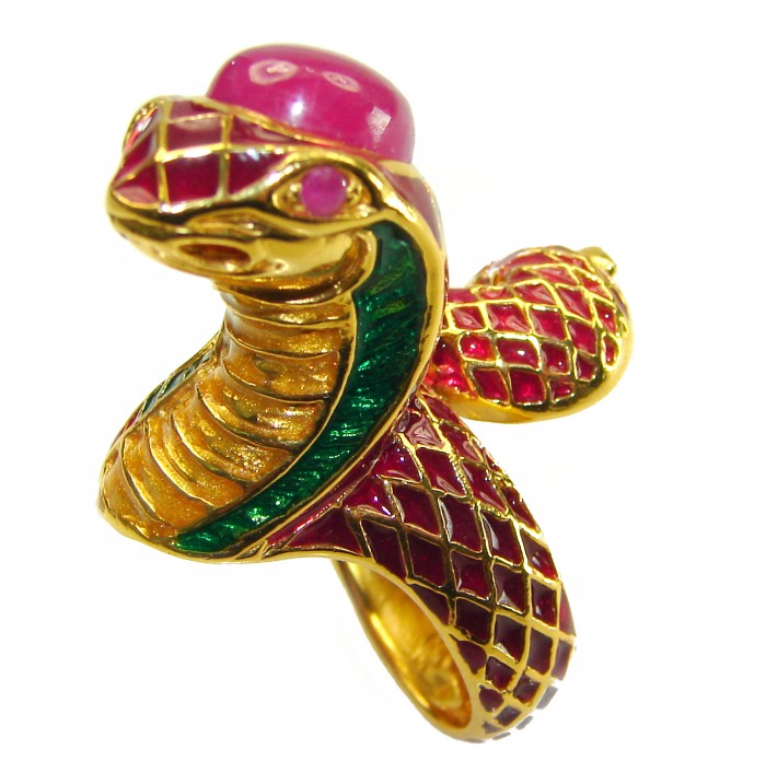 Red Cobra Snake Ruby Enamel 18K Gold over .925 Sterling Silver Huge handcrafted Ring s. 7 - photo 6