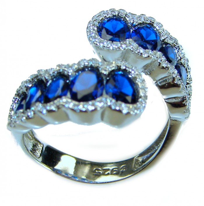 Art Deco Genuine 6.5 carat Sapphire .925 Sterling Silver handcrafted Ring size 6 - Side view of Art Deco Sapphire .925 Sterling Silver ring.