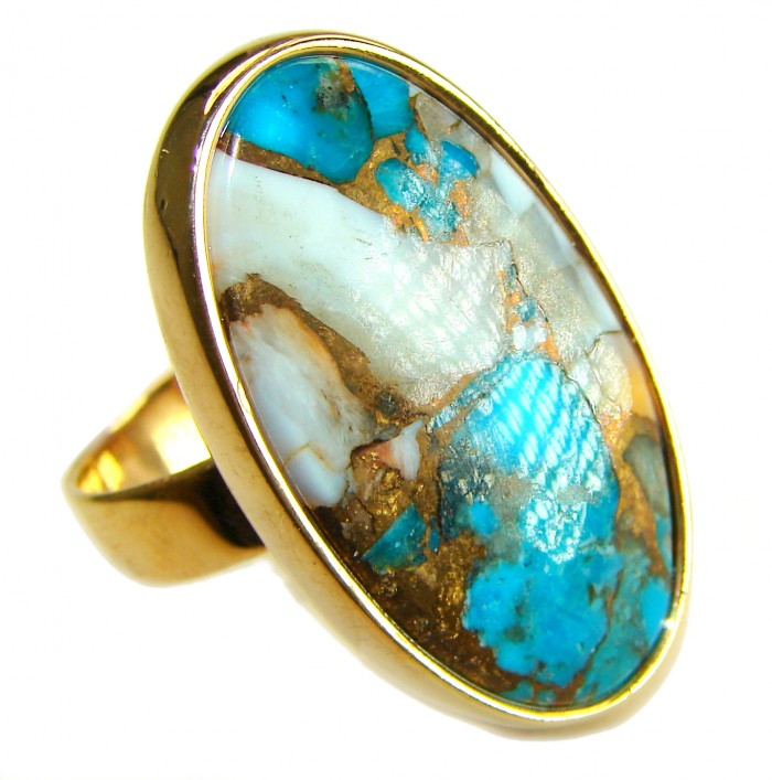 Rare 26.5 carat Oyster Turquoise 18K Gold over .925 Sterling Silver handcrafted Large ring; s. 8 adjustable - Close-up of rare oyster turquoise ring in 18K gold over sterling silver