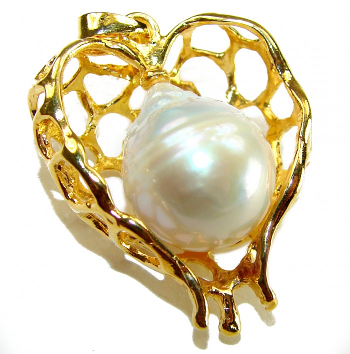 Precious Angels Wings genuine Pearl 14k Gold over .925 Sterling Silver handmade Pendant - Close-up of pearl pendant with gold cage design on white background.