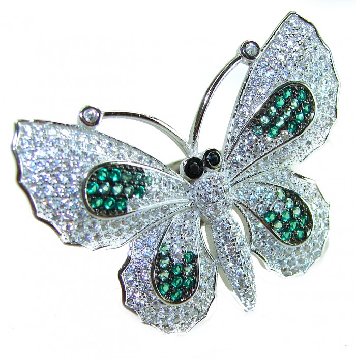 Precious Butterfly Genuine 10.5 carat Emerald .925 Sterling Silver handmade LARGE Statement Ring size 8 - Butterfly brooch with emerald stones, front view.