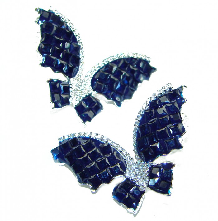 Magnificent Jewel Sapphire Butterflies .925 Sterling Silver handcrafted incredible earrings - Close-up of sapphire butterfly earrings in sterling silver.