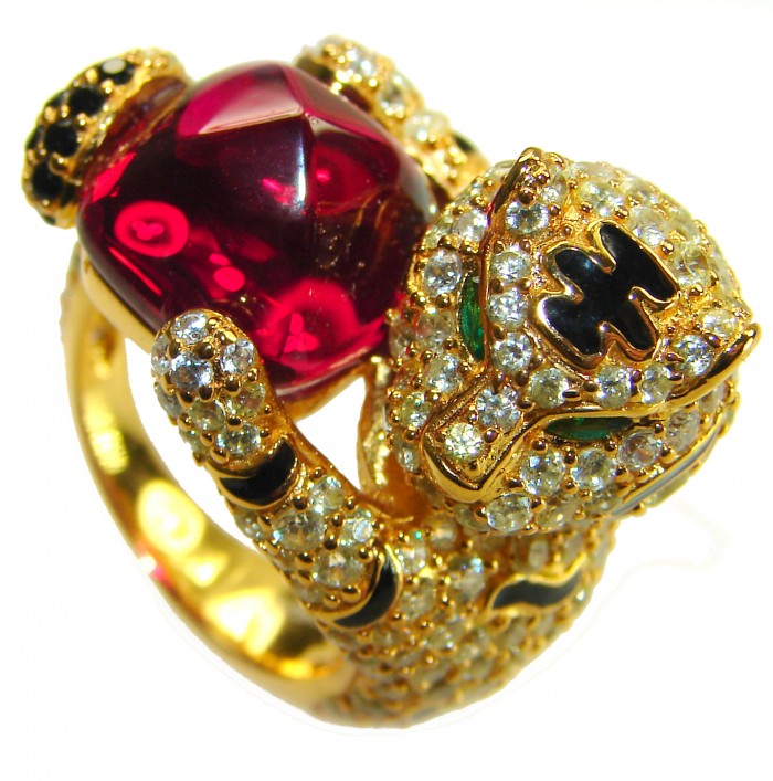 GEPHARD Genuine 10.5 CARAT Ruby black enamel .925 Sterling Silver dipped in 22K Gold Large Statement Ring size 6 1/4 - Gold panther ring with red gemstone and black enamel, close-up view