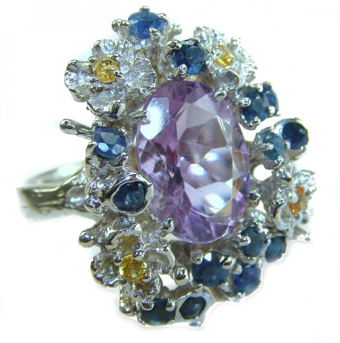 Elizabeth - Precious Natural 14.5 carat Amethyst from Uruguay Rhodium over .925 Sterling Silver Handcrafted Ring size 7 3/4 - Amethyst ring close-up with sapphire and diamond accents