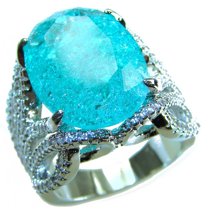 Gabriella 4.2 carat authentic Paraiba Tourmaline rhodium over .925 Sterling Silver handcrafted Statement Ring size 7 1/4 - Close-up of Gabriella 4.2 carat Paraiba Tourmaline ring in rhodium.