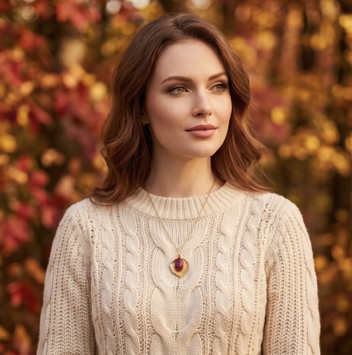 REAL Leaf dipped in copper Ruby stone 22.2 Golden Topaz & .925 Sterling Silver Pendant - Woman wearing leaf necklace with ruby stone in autumn setting.