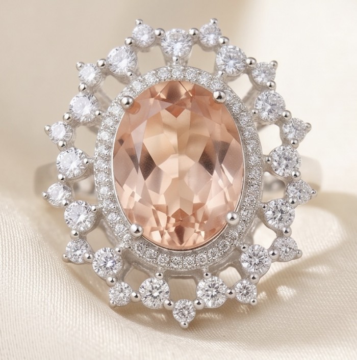 Authentic oval cut 9.2 carat Morganite 14K White Gold over .925 Sterling Silver ring s. 8 1/4 - Morganite ring with diamond halo, close-up top view.