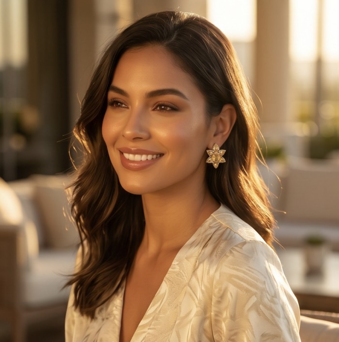 Giovanna - Authentic 18.9 carat Brazilian Citrine .925 Sterling Silver dipped in rhodium handcrafted earrings - Woman wearing Giovanna Citrine earrings, side view in warm lighting.