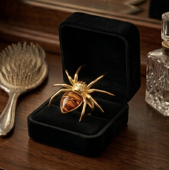 LARGE Golden Spider Authentic Baltic Amber .925 Sterling Silver dipped in 18K Gold handcrafted ring; s. 8 adjustable - Golden spider Baltic amber ring in black box, top view on wooden surface.