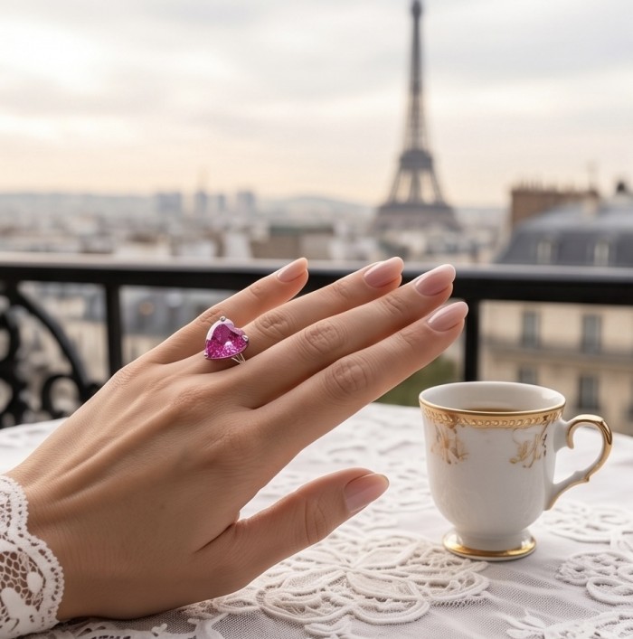 Angel's Heart Luxurious 19.8 carat Pink Sapphire .925 Silver handcrafted Cocktail Ring s. 7 3/4 - Pink sapphire ring worn on hand, Eiffel Tower and teacup in background.
