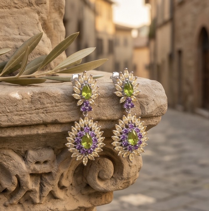 Wise Bliss Authentic 7.2 carat Peridot from Arizona .925 Sterling Silver handmade earrings - Elegant earrings with peridot and amethyst on stone, side view.