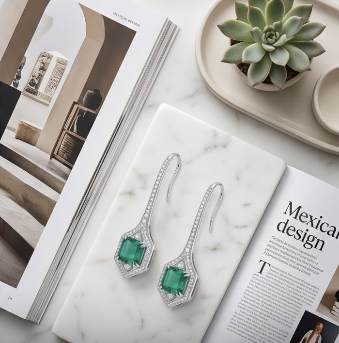 Giovanna - Authentic 8.9 carat COLOMBIAN EMERALD .925 Sterling Silver dipped in 22K Gold handcrafted earrings - Elegant emerald earrings on marble slab, top-down view.