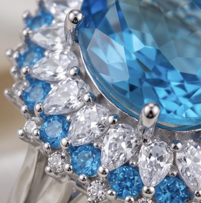 Paris Sky Blue 8.8 carat Swiss Blue Topaz .925 Sterling Silver dipped in rhodium handcrafted ring size 7 - Close-up of Paris Sky Blue Swiss Blue Topaz ring with stones and silver.