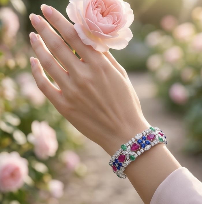 RARE BEAUTY! Valentina 31.2 carat Ruby Emerald Sapphire .925 Sterling Silver dipped in rhodium Statement Bracelet - Worn on hand, Valentina 31.2 carat Ruby Emerald Sapphire bracelet.
