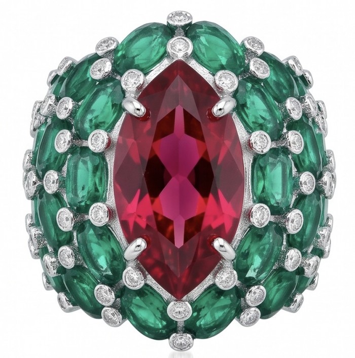 Giovanna 28.6 carat Ruby Emerald .925 Sterling Silver dipped rhodium handmade Huge Statement Ring size 7 - Close-up of Giovanna ring with ruby, emeralds, and silver detailing.