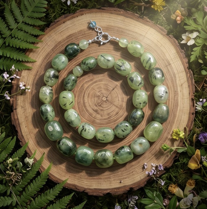 Power of Nature 175.5 carat Moss Prehnite .925 Sterling Silver handcrafted Large necklace - Overhead view of Moss Prehnite necklace on wood log surrounded by flowers.