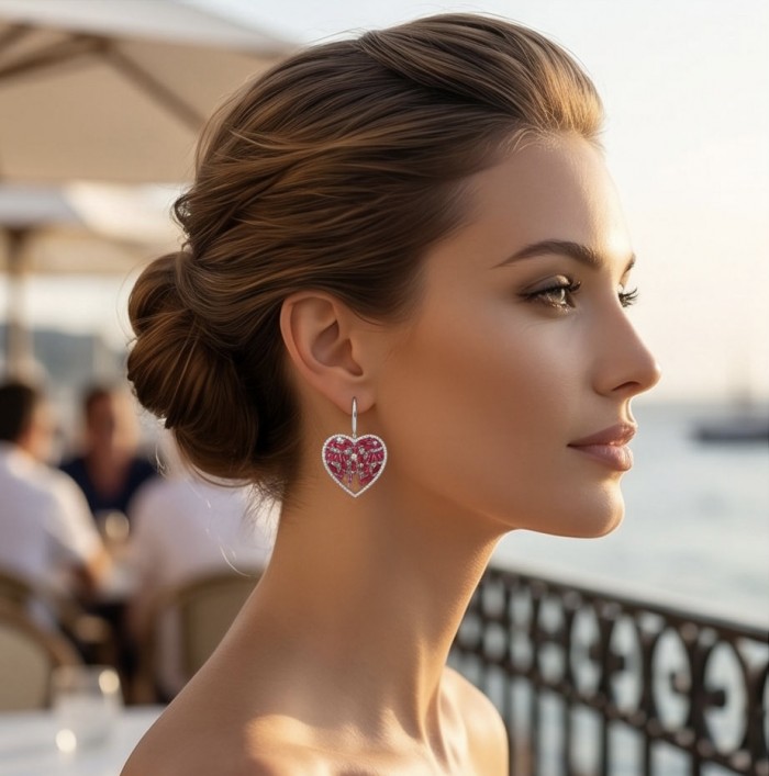 Precious Hearts - authentic 12.5 carat Mozambique Ruby .925 Sterling Silver dipped in rhodium handcrafted Statement Earrings - Side view of woman wearing Precious Hearts Mozambique Ruby earrings