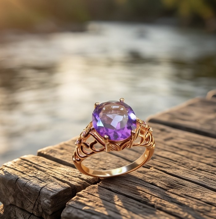 Serenity 9.5 carat natural Amethyst 18K Rose Gold over .925 Sterling Silver Handcrafted Ring size 8 - Amethyst ring in 18K rose gold on wood, side view in sunlight.
