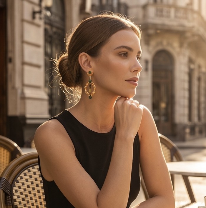 Romantica Authentic 10.5 carat Brazilain Citrine .925 Sterling Silver dipped in 18K Gold brilliantly handcrafted earrings - Woman wearing Romantica 10.5 carat Citrine earrings, side profile view.