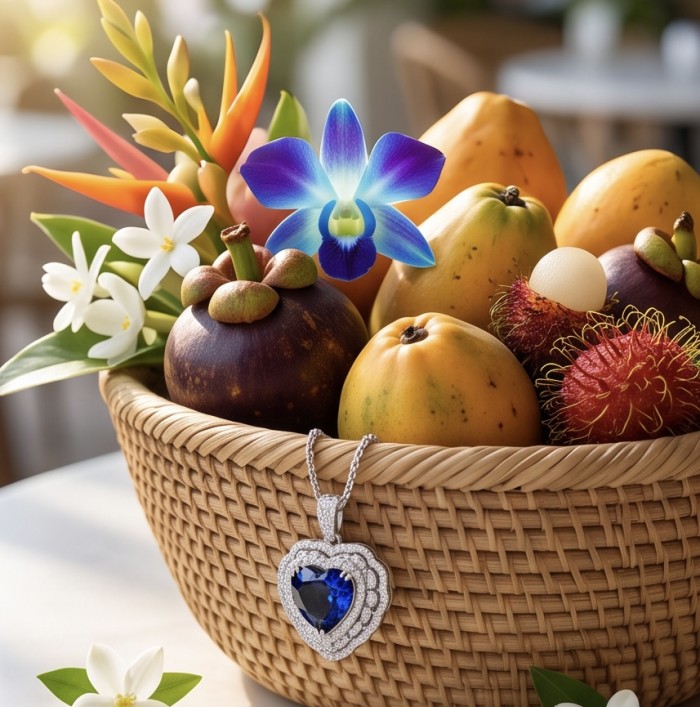 Titanic - Heart of The Ocean Necklace ~ 8.5 Ct Tanzanite Necklace In 925 Sterling Silver necklace - Heart of The Ocean necklace on a basket with tropical fruits and flowers.