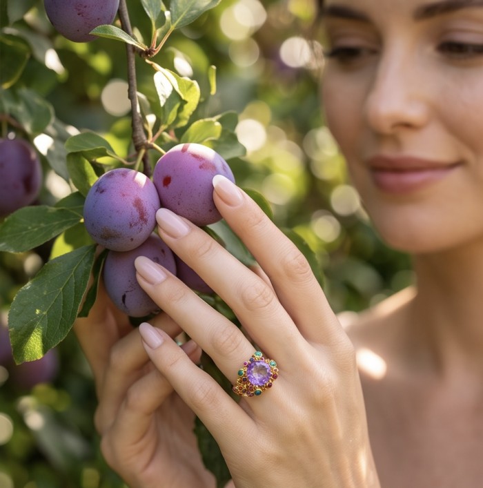 Melissa 17.5 carat Pink Amethyst Enamel 22K Gold over .925 Silver handcrafted Cocktail Ring s. 6 3/4 - Worn on hand with purple plums; Melissa pink amethyst ring, 22K gold.